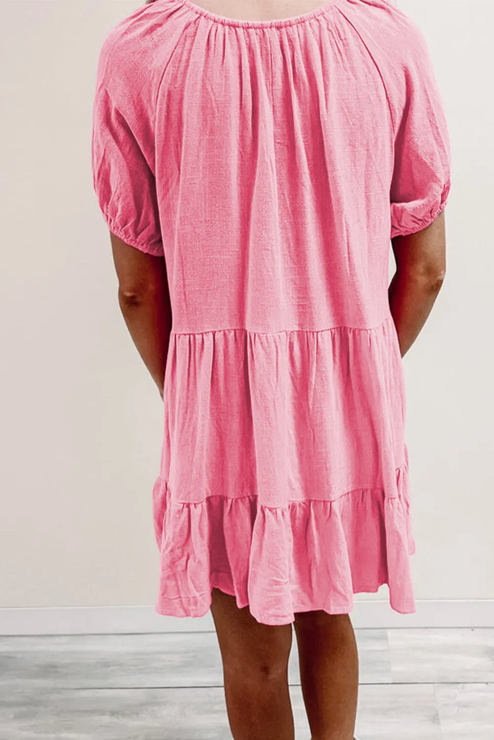 Strawberry Pink Puff Sleeve V Neck Tiered Swing Dress